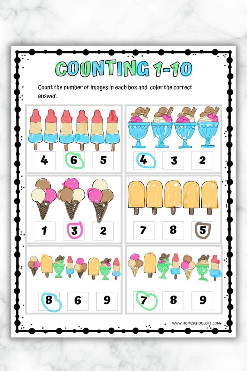 Colorful counting worksheet with various ice cream items. Children are asked to count the number of images in each box and color the correct answer. Numbers 1 to 10 are included with corresponding ice cream pictures.