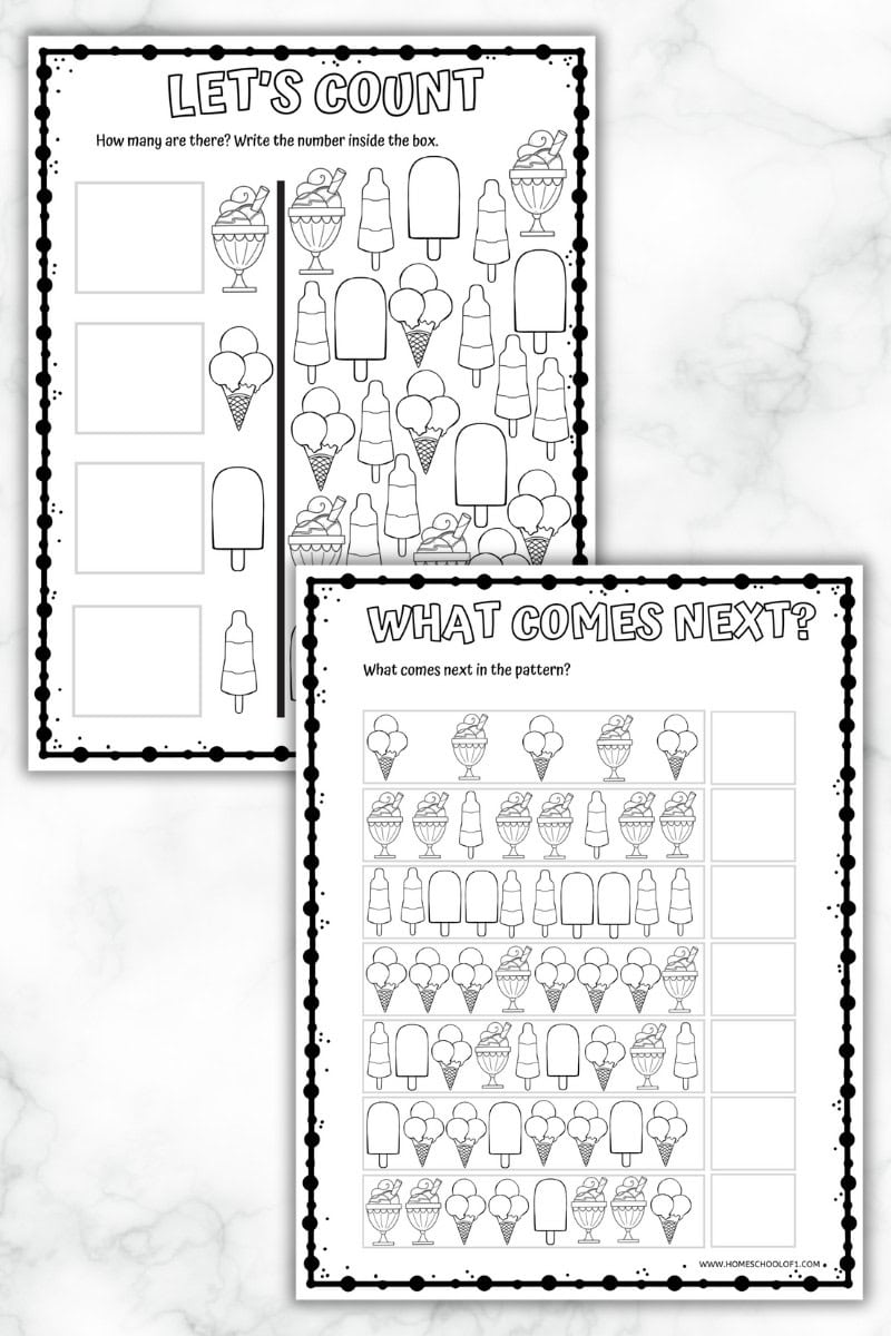 Two ice cream-themed worksheets. The left worksheet has children count and write the number of ice cream items in the boxes, while the right worksheet asks what comes next in the pattern of ice cream items.