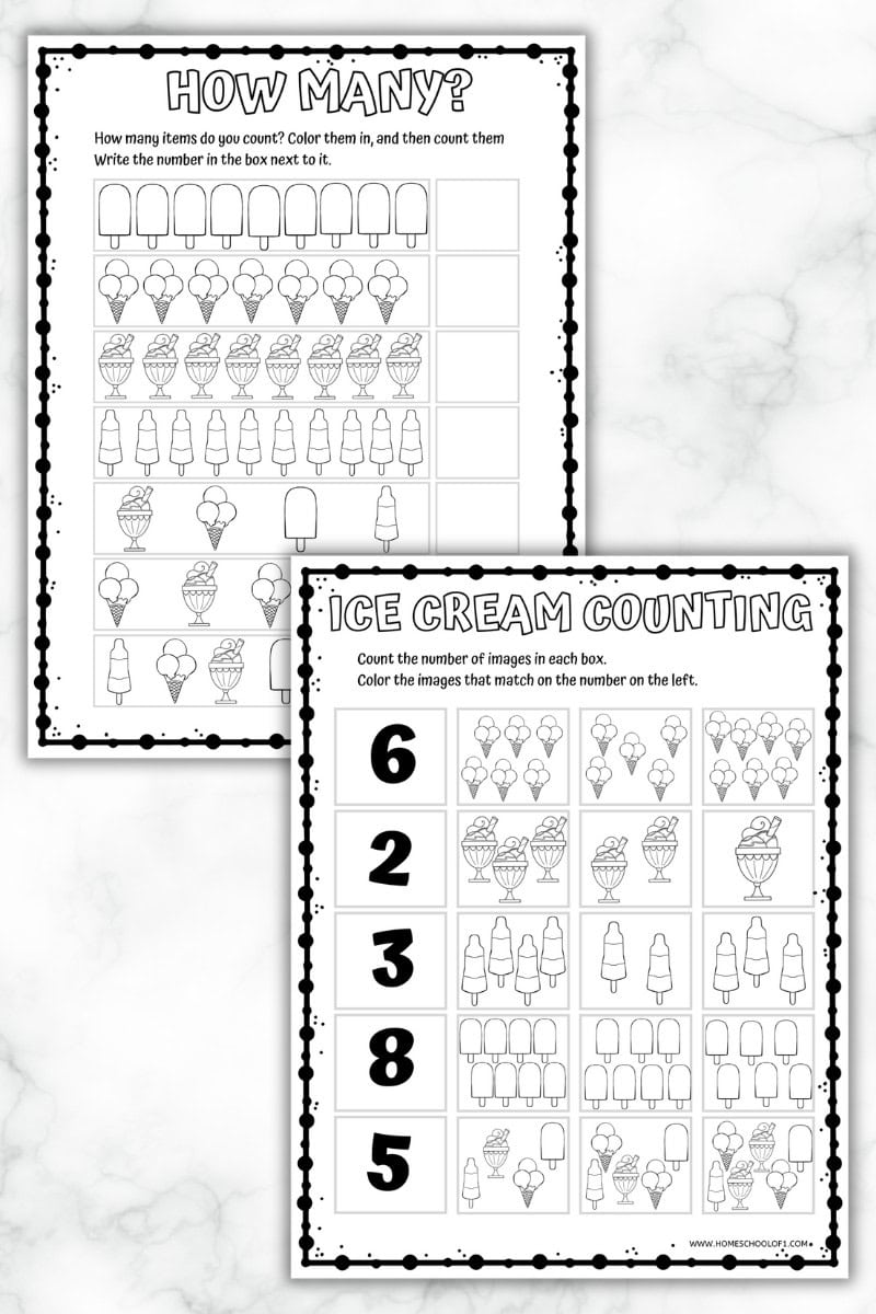 Two ice cream-themed counting worksheets. The top worksheet asks children to count and color different ice cream items and write the total in a box, while the bottom worksheet requires matching the number of images to the given numbers.