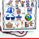 Independence Day-themed 4th of July scavenger hunt printable with illustrations of festive items such as a picnic basket, cupcakes, patriotic kids, and musical instruments, with bold red text reading “Independence Day Scavenger Hunt Printable.”