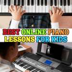 Two children learning piano at home—one using a traditional upright piano, the other using a digital keyboard with online lessons on a tablet. Text overlay reads "Best Online Piano Lessons for Kids."