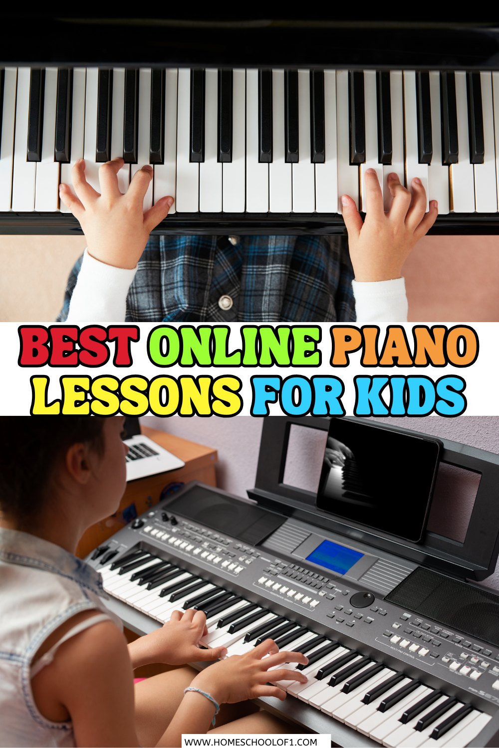 Two children learning piano at home—one using a traditional upright piano, the other using a digital keyboard with online lessons on a tablet. Text overlay reads "Best Online Piano Lessons for Kids."