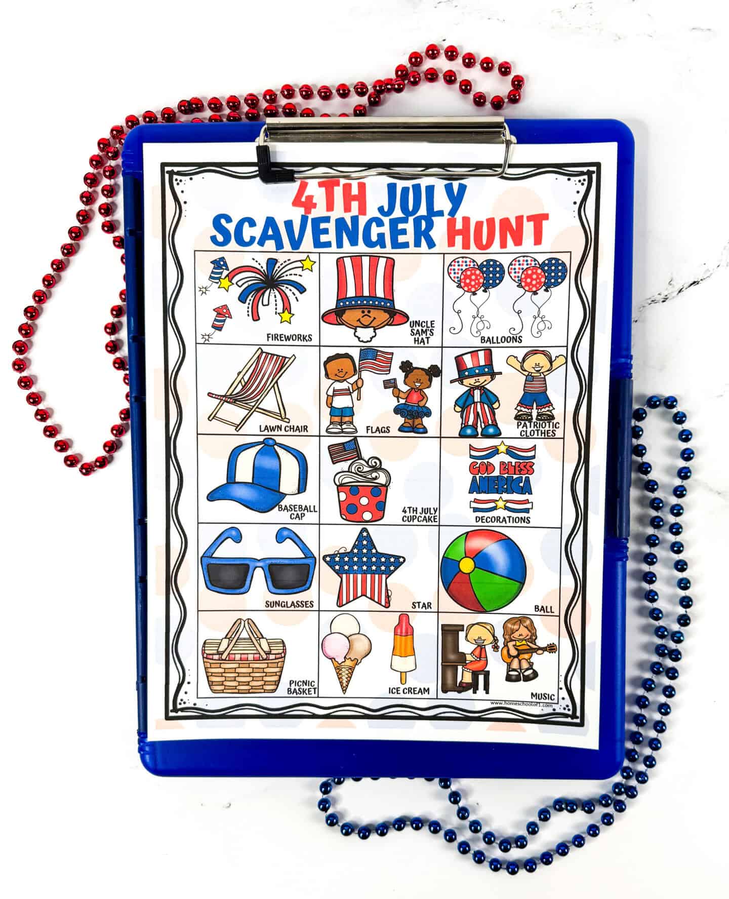 A 4th of July scavenger hunt printable is clipped to a blue clipboard and surrounded by red and blue beaded necklaces. The colorful hunt sheet includes items to find like fireworks, Uncle Sam's hat, balloons, lawn chair, flags, patriotic clothes, baseball cap, 4th of July cupcake, decorations, sunglasses, star, beach ball, picnic basket, ice cream, and music.

