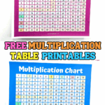 Free printable multiplication charts in pink and blue, designed for kids learning 1–12 times tables.