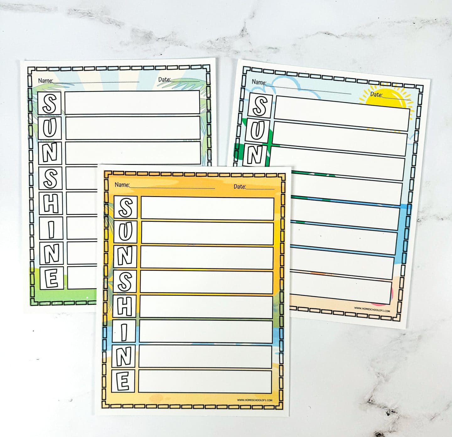Three printable acrostic poem worksheets for the word “SUNSHINE” are shown with different colorful summer-themed borders. Each sheet has space to write a line of poetry next to each letter, with name and date fields at the top and a bold square border framing the page.