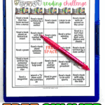 Free summer reading bingo challenge for kids with a colorful book-themed grid, featuring fun prompts like “read outside” and “read in your pajamas.”