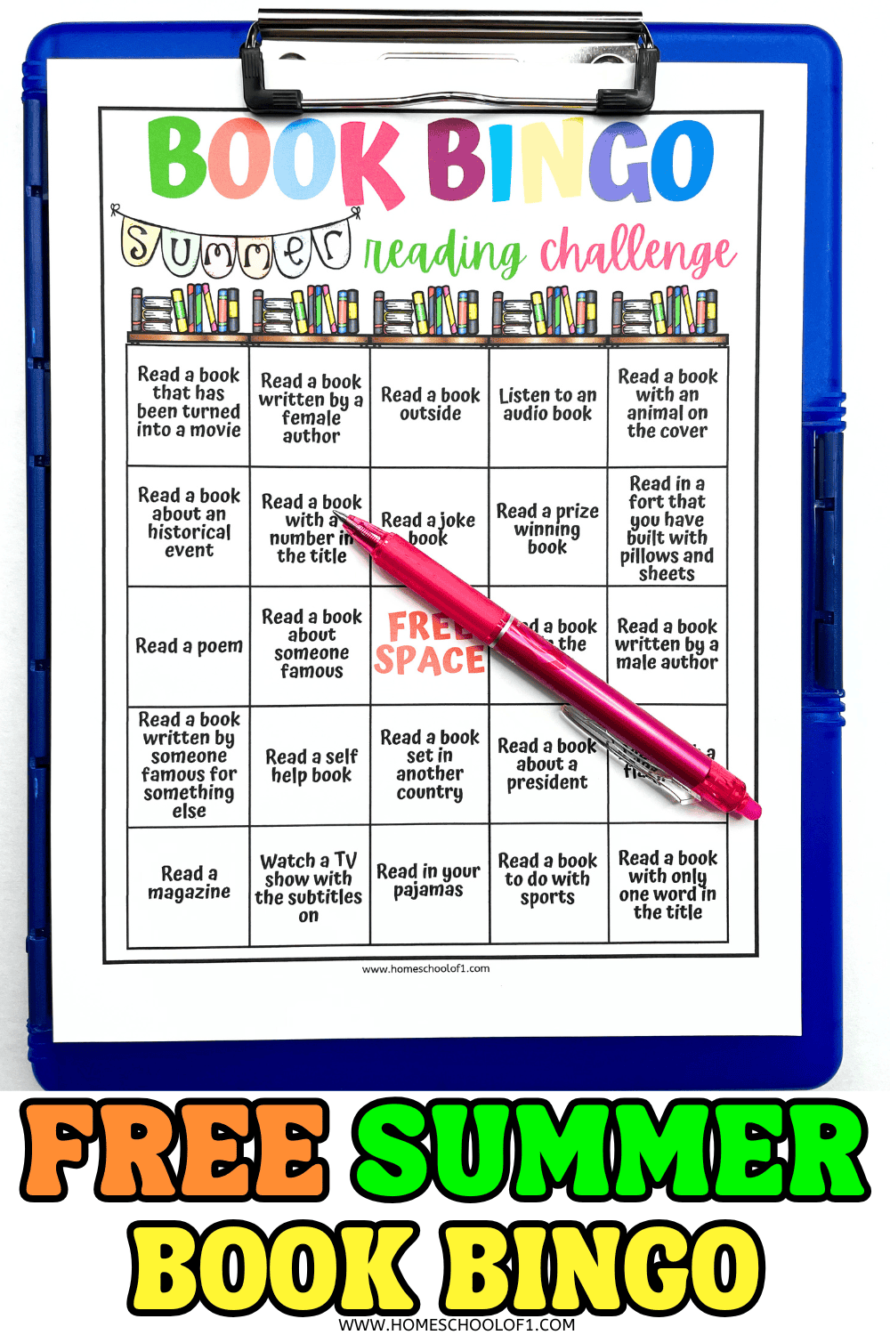 Free summer reading bingo challenge for kids with a colorful book-themed grid, featuring fun prompts like “read outside” and “read in your pajamas.”