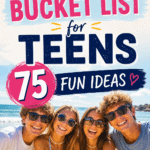 Summer bucket list for teens pin featuring four smiling teenagers at the beach with the text “Summer Bucket List for Teens: 75 Fun Ideas.” Includes bright summer graphics, sunshine, and highlights for adventure, friendship, and memorable summer activities.