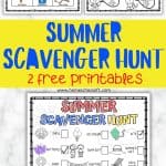 A promotional image for two free summer scavenger hunt printables from homeschoolof1.com. The top half shows a colorful printable on the left and a black and white printable on the right, each featuring various summer-themed items like a shell, daisy, frog, bucket, butterfly, summer hats, flip flops, sunglasses, beach ball, ice cream, sunscreen, and a deck chair. The bottom half of the image includes a banner with the text 'Summer Scavenger Hunt - 2 free printables' in bold blue and red letters.