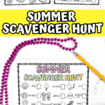 Split image showing the black-and-white checklist version of the scavenger hunt beside a colored bingo-style version. Below, large yellow and black text reads “Summer Scavenger Hunt,” with playful summer beads and a yellow pencil adding a crafty vibe. Let me know if you want SEO-optimized alt text with a specific keyword focus, and I’ll fine-tune it!