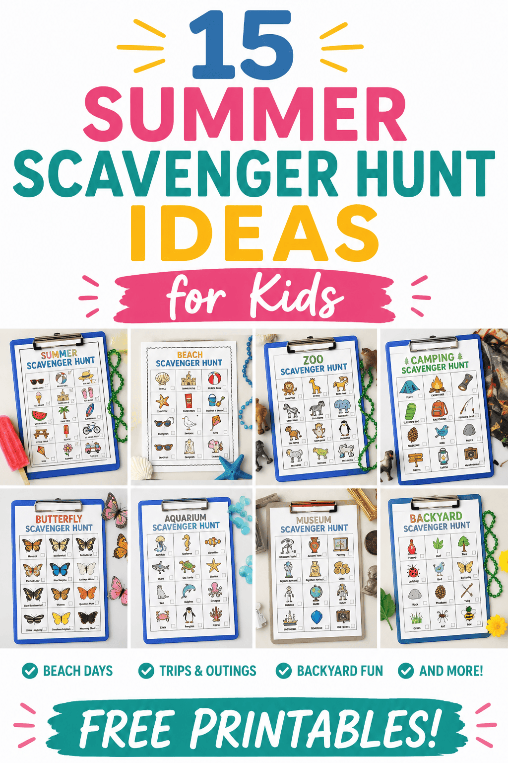 Summer scavenger hunt ideas for kids featuring free printable scavenger hunt activities for outdoor summer fun