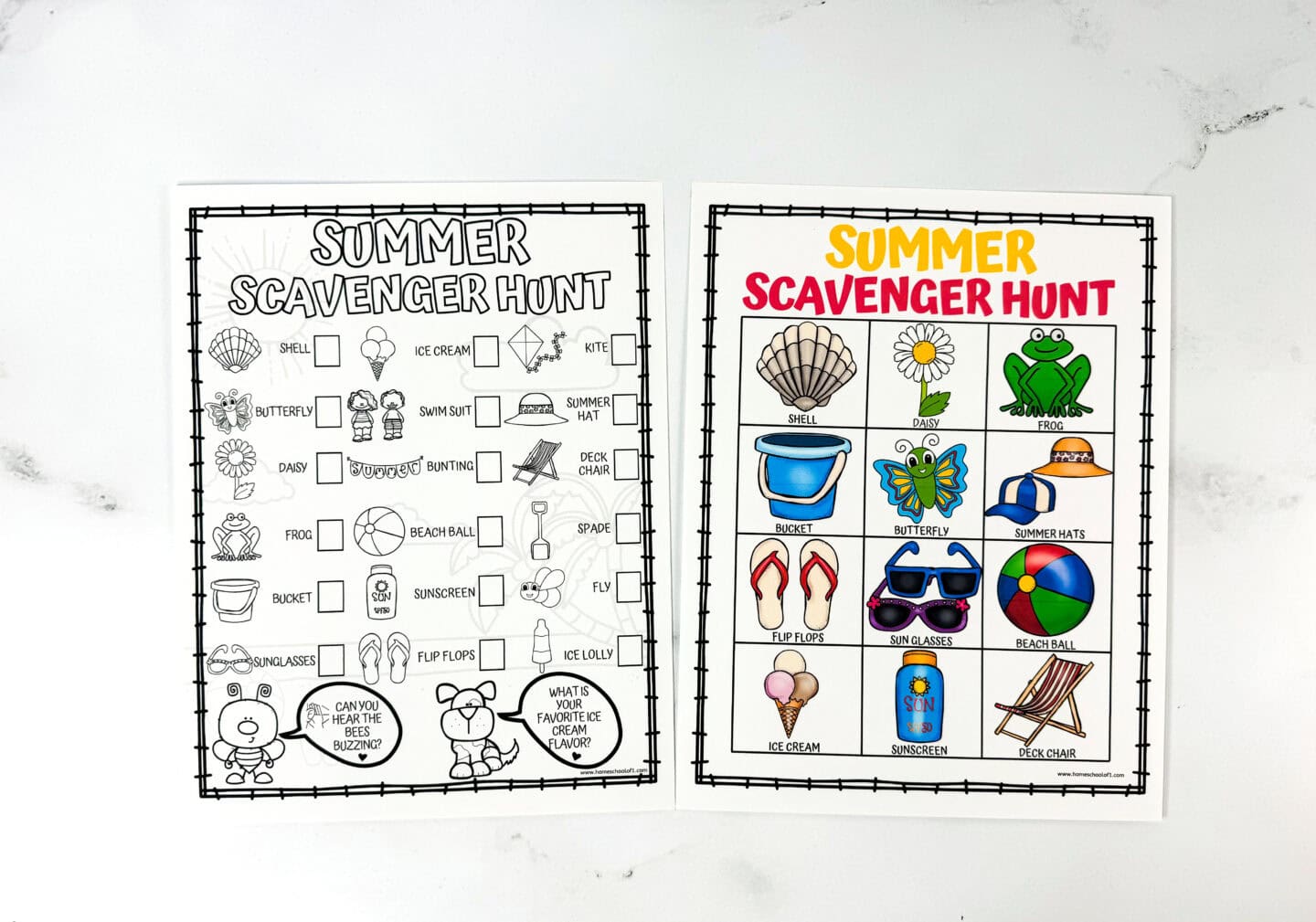 Side-by-side comparison of two summer scavenger hunt printables on a light surface: the left version is a black-and-white checklist, while the right features a 3x4 grid of colorful summer icons like a shell, sunglasses, and ice cream. Both are framed with a black border for a cohesive look.