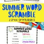 Two versions of a summer-themed word scramble. Words include "travel", "beach", "sunglasses", "watermelon", and "surfing". One puzzle is partially solved with words written in colorful markers.