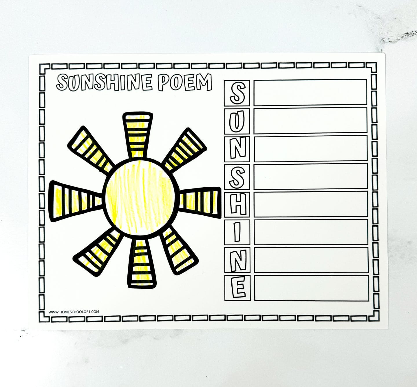 A printable “Sunshine Poem” worksheet features a large yellow sun on the left and an acrostic poem layout on the right with the word “SUNSHINE” written vertically. Each letter has a blank space next to it for kids to write their own poem lines. The sun is partially colored in yellow, and the page has a decorative border.