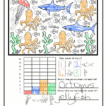 Free under the sea graphing worksheet for kids featuring ocean animals like sharks, octopuses, and jellyfish. Children color, count, and graph sea creatures to practice math and observation skills.