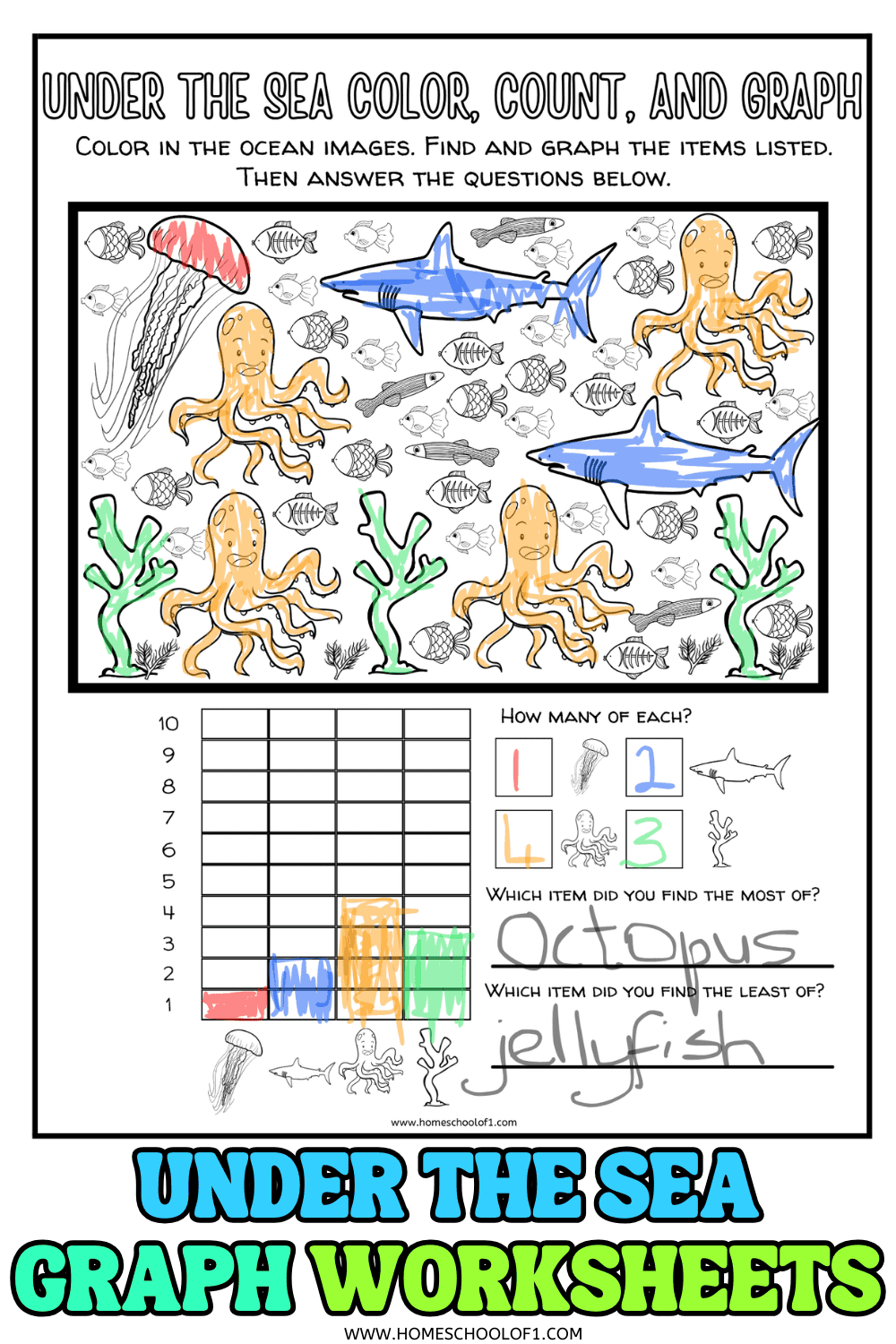Free under the sea graphing worksheet for kids featuring ocean animals like sharks, octopuses, and jellyfish. Children color, count, and graph sea creatures to practice math and observation skills.