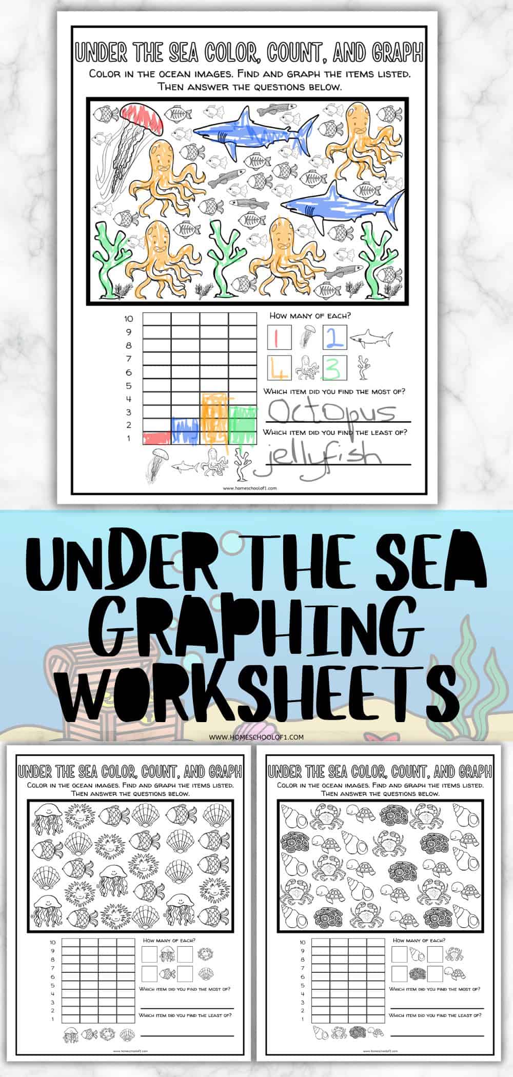 "Under the Sea Color, Count, and Graph worksheet featuring various sea creatures including octopuses, sharks, and fish. The worksheet includes instructions to color the images, count and graph the items listed, and answer questions about the quantities. The bottom section shows a bar graph and answers indicating 'Octopus' as the most found item and 'Jellyfish' as the least found item."