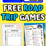 Cheerful collage with a yellow background promoting free road trip games, featuring a blue clipboard with toy cars and "Road Trip Bingo," "Road Signs: I Spy" and "Our Road Trip" printable pages, a detailed scavenger hunt checklist, U.S. map activities, and colorful Road Trip Chat conversation discs.