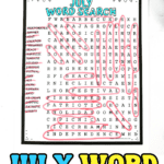 A festive July-themed word search printable with patriotic red, white, and blue scarf decorations. Words like "Independence," "Summer," "Fireworks," "Beach," and "Holiday" are circled in pink, and the title "JULY WORD SEARCH" is brightly displayed at the top.