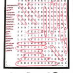 A tall July word search printable surrounded by a patriotic scarf and featuring bold text reading "JULY WORD SEARCH PRINTABLE" at the bottom. Words related to summer and July celebrations are highlighted in pink within the puzzle grid.