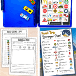 Bright collage highlighting 19 free printable road trip games with a focus on a blue clipboard setup with mini toy cars and a "Road Trip Bingo" sheet; includes "Road Signs: I Spy," "Our Road Trip" journal, a scavenger hunt checklist, state maps, and colorful conversation starter discs.