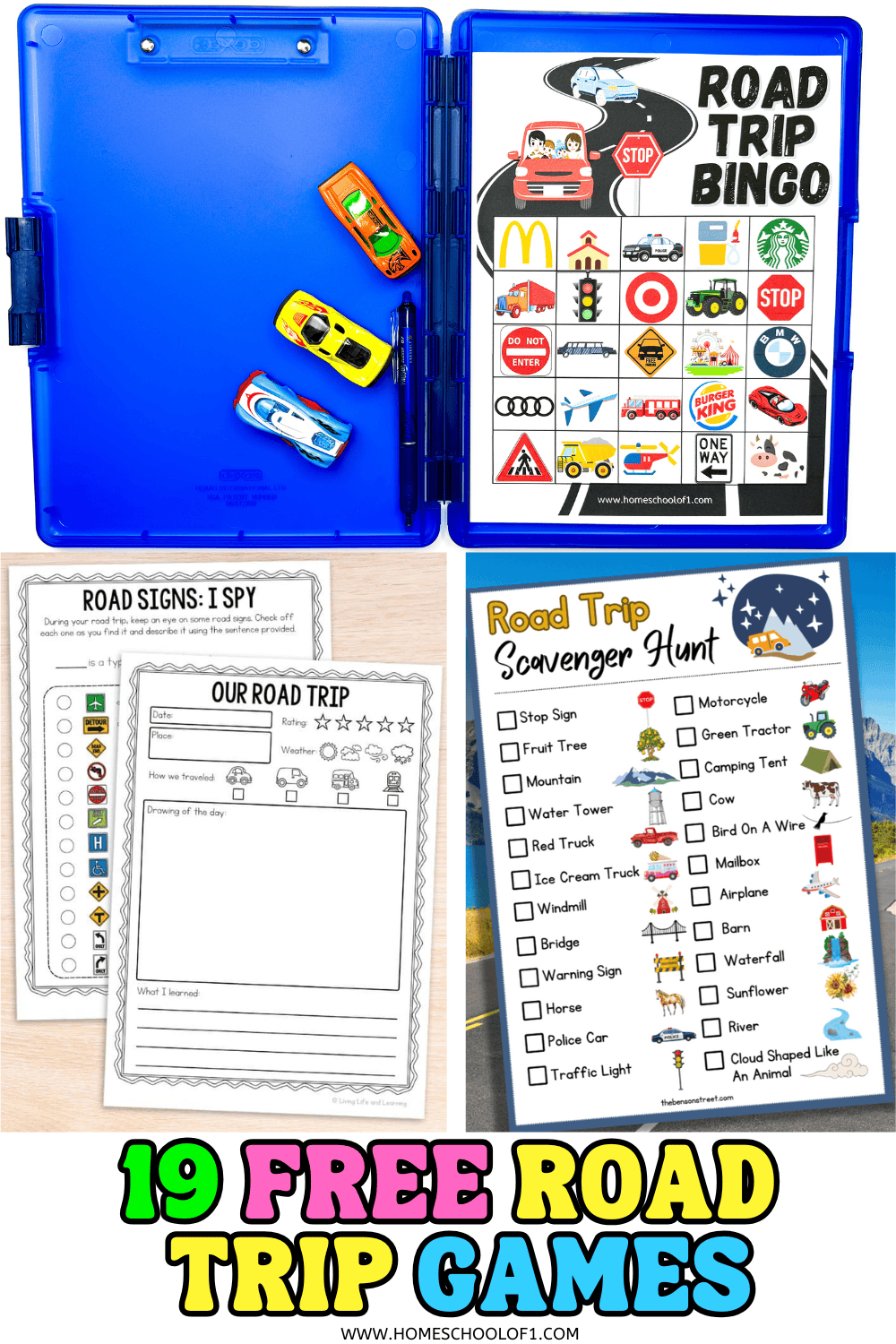 Bright collage highlighting 19 free printable road trip games with a focus on a blue clipboard setup with mini toy cars and a "Road Trip Bingo" sheet; includes "Road Signs: I Spy," "Our Road Trip" journal, a scavenger hunt checklist, state maps, and colorful conversation starter discs.

