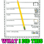 Colorful summer-themed worksheet titled "What I Did This Summer," partially filled out with the name "Freddie" and dated "07/27/24." The worksheet includes prompts like "I went to the…", "I read…", "I spent time with…", "I played…", "I learned how to…", "I had fun doing…" and "I visited… with my family." Small icons next to each line depict matching activities, and a yellow pencil rests diagonally across the sheet.