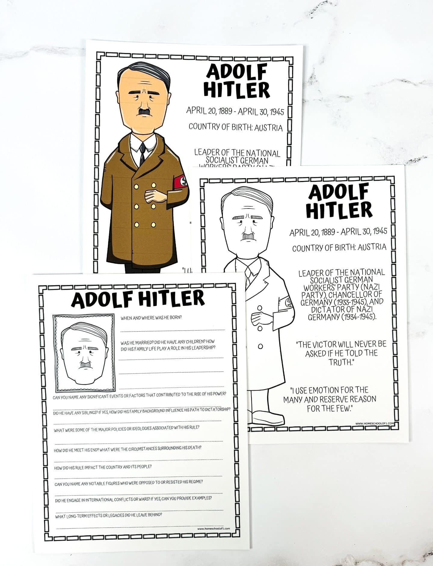 adolf hitler unit study, with a poster, coloring page, and research sheet.
