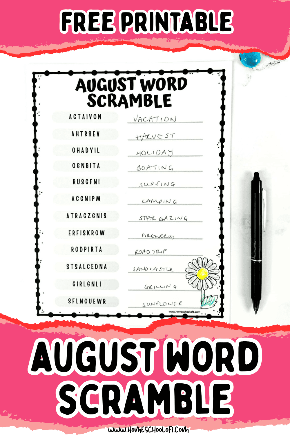 Free August word scramble printable for kids! A fun, screen-free summer activity that builds vocabulary and spelling skills.