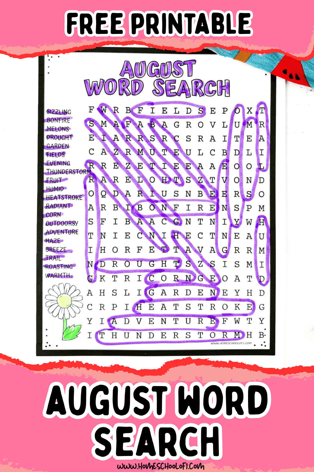 Free printable August word search puzzle for kids featuring summer-themed vocabulary like garden, bonfire, thunderstorm, and fruit.









