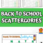 Set of four Back to School Scattergories boards with themes PLAY, STAR, READ, and MATH for fun educational activities.