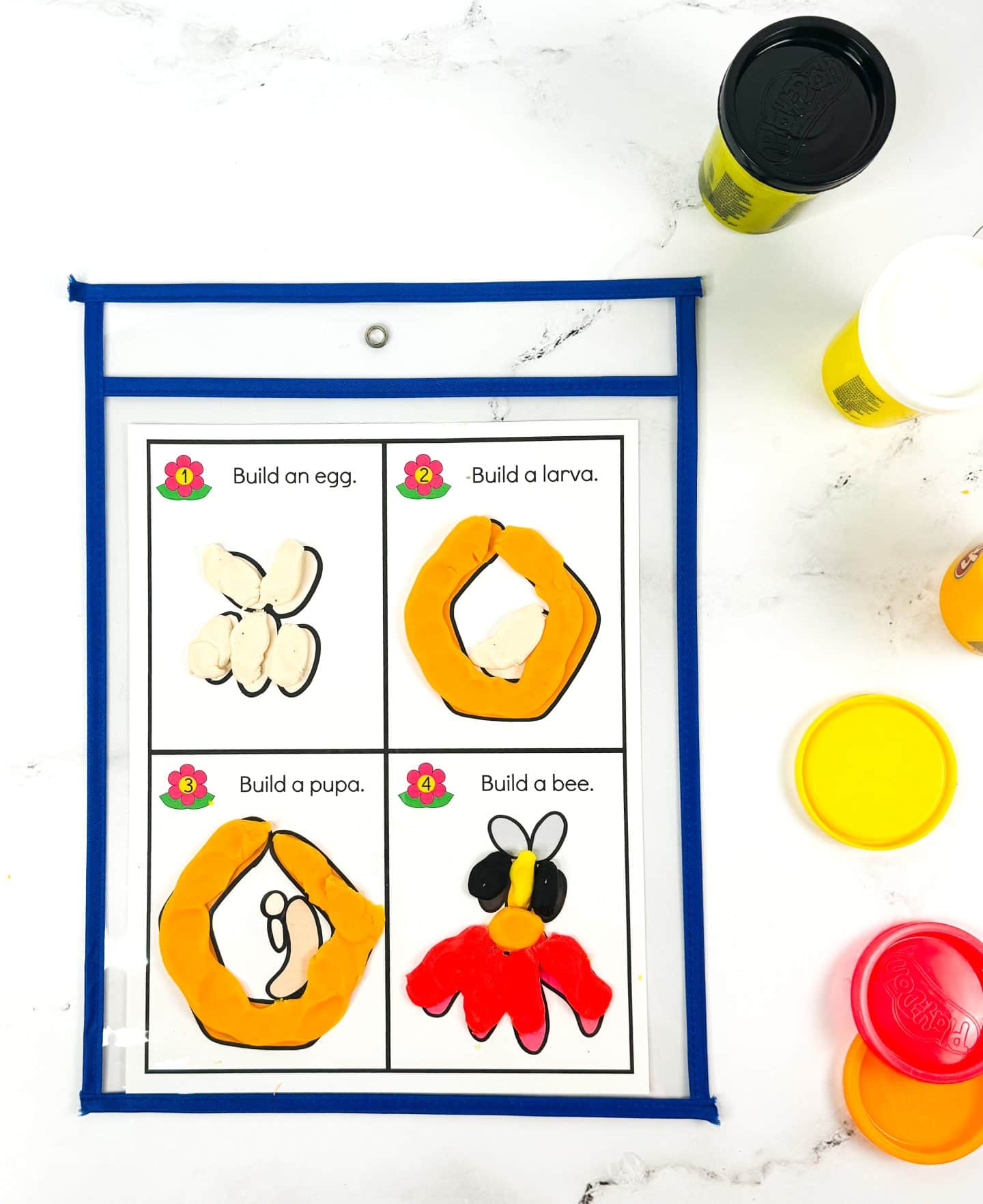 Playdough activity mat inside a blue sleeve illustrating the four life cycle stages of a bee: egg, larva, pupa, and adult bee. Each section includes a labeled step and colorful playdough models in white, orange, black, yellow, and red, with Play-Doh tubs scattered on a white surface.