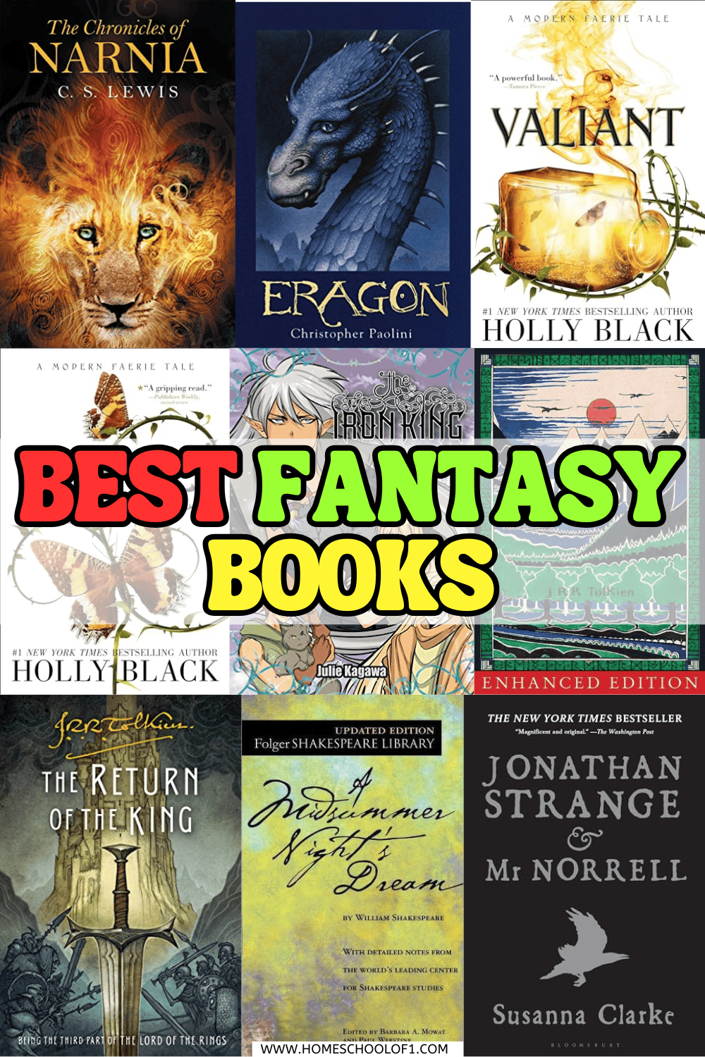 Collage of fantasy book covers for teens, featuring titles like Eragon, The Chronicles of Narnia, and Valiant, with bold text reading “Best Fantasy Books.”

