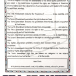 A printable “Bill of Rights Fill in the Blank Worksheet” for students, featuring ten sentences summarizing each of the first ten amendments to the U.S. Constitution, with one blank per sentence. A word bank at the bottom includes: arms, search, states, speech, cruel, trial, soldiers, criminal, exhaustive, and process. The worksheet has space for a name and date at the top and is bordered with a red, white, and blue block pattern. Bold text at the bottom reads “Bill of Rights Worksheet.”