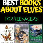 Graphic featuring book covers with elves or fae characters, including The Iron King, Tithe, and The Hobbit, with the heading “Best Books About Elves for Teenagers.”