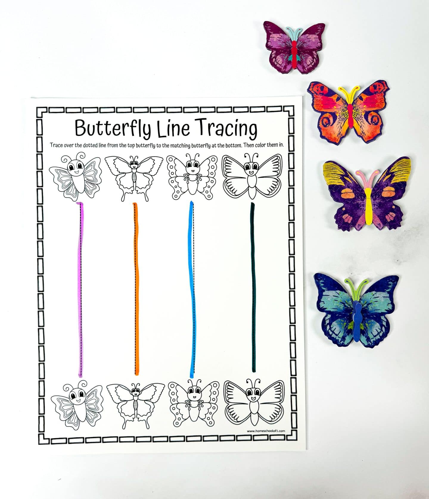 butterfly line tracing worksheet surrounded by paper butterflies.