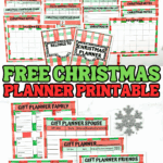Collection of Christmas planner printables with red and green striped borders, featuring gift planners, card lists, menus, calendars, and more.
