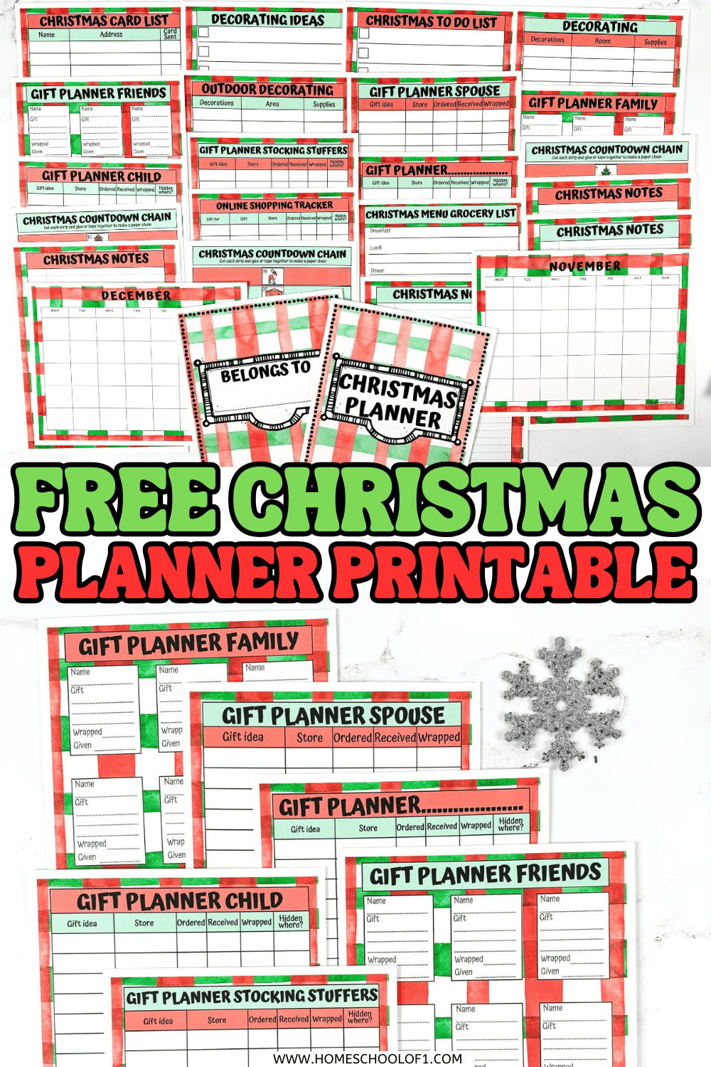 Collection of Christmas planner printables with red and green striped borders, featuring gift planners, card lists, menus, calendars, and more.

