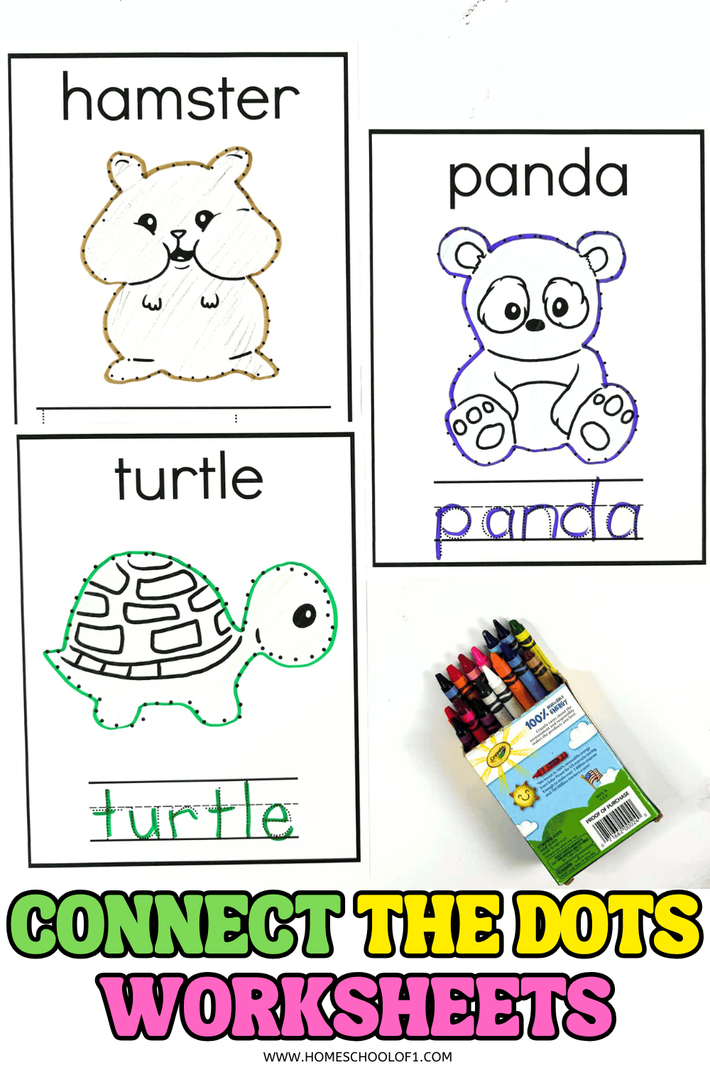 Free printable hamster, panda, and turtle connect the dots worksheets with handwriting practice and coloring.