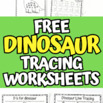 Two dinosaur tracing worksheets, one with letter D practice and one with zigzag and curved line tracing activities.
