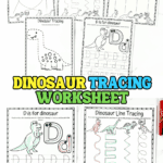 A set of six dinosaur tracing worksheets for preschoolers, including line tracing, letter D practice, and dinosaur coloring activities.