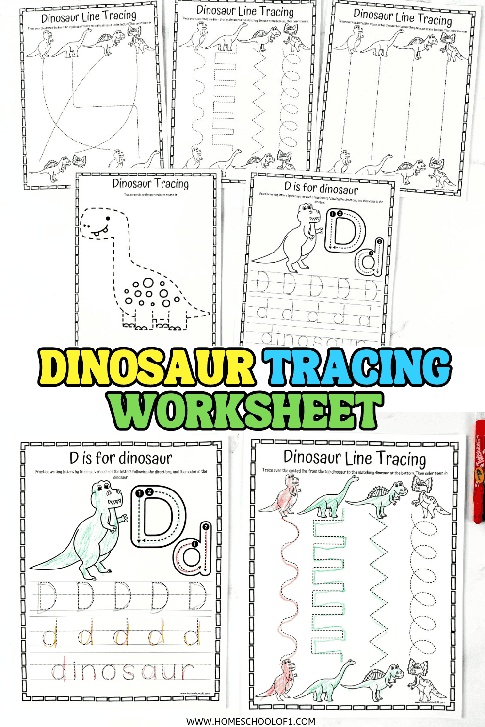  A set of six dinosaur tracing worksheets for preschoolers, including line tracing, letter D practice, and dinosaur coloring activities.