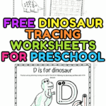 Collection of dinosaur tracing worksheets for preschoolers, including line tracing, letter D practice, and dinosaur coloring.