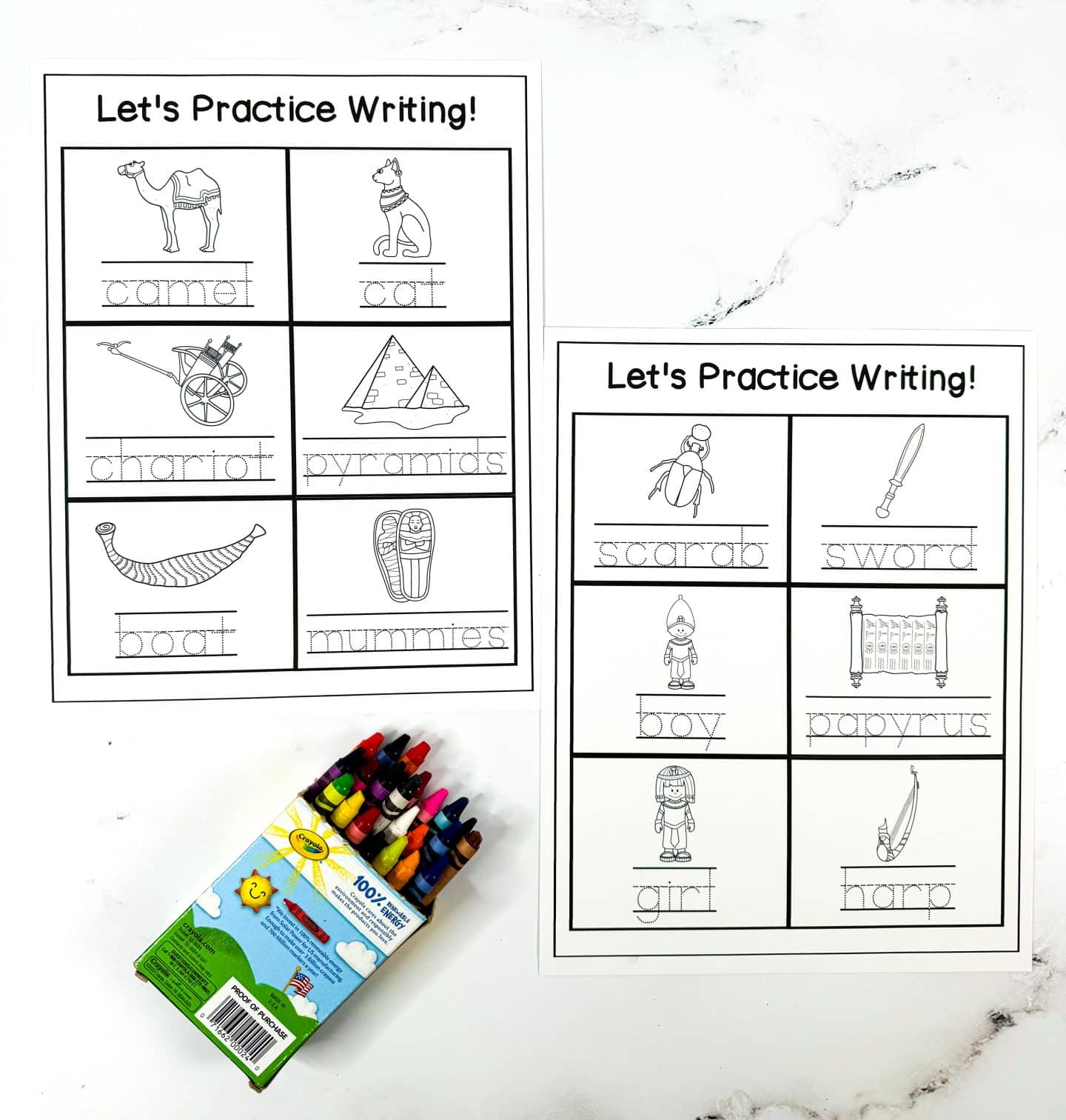 egyptian handwriting worksheet, lets practice writing camel, cat, chariot, pyramids, boat, mummies, scaracb, sword, boy, papyrus, girl, and harp, with crayons for decoration on the side.