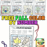 Completed fall color by number worksheets featuring squirrels, pumpkins, owls, and autumn leaves.