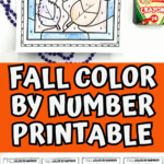 Printable fall color by number pages for kids with crayons and completed activity sheet shown.