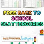 Free Back to School Scattergories printable game with colorful letters and categories for classroom fun and learning.
