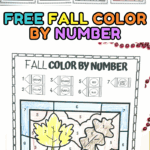 Free fall-themed color by number worksheet showing numbered coloring guide and a finished leaves design.