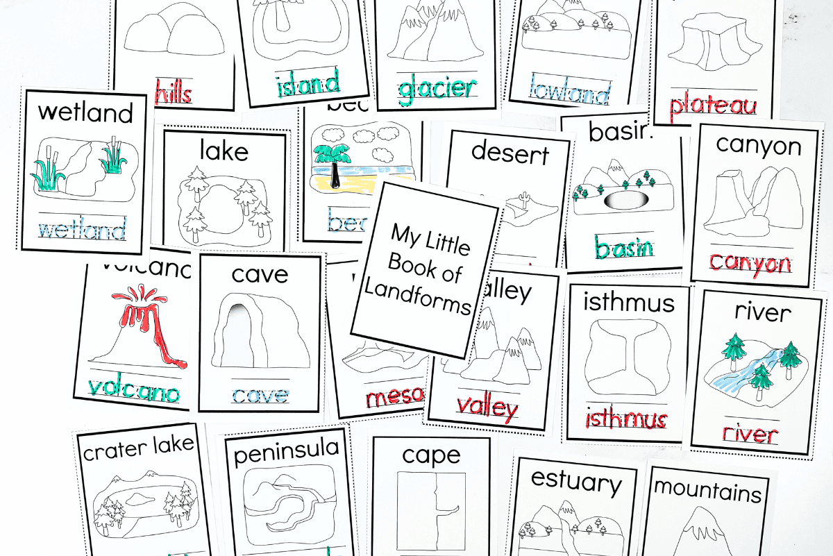 a printable educational worksheet titled "My Little Book of Landforms." It includes illustrated flashcards of various landforms such as hills, islands, glaciers, plateaus, volcanoes, caves, valleys, deserts, rivers, lakes, canyons, and more. Each card has a simple drawing of the landform with its name labeled in both print and handwriting-style font—perfect for young learners or early geography lessons.