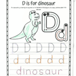 Letter D is for dinosaur tracing worksheet with uppercase and lowercase letter practice and a dinosaur to color.